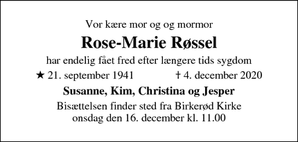Dødsannoncen for Rose-Marie Røssel - 