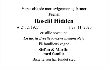 Dødsannoncen for Roselil Hidden - Hørsholm 2970 