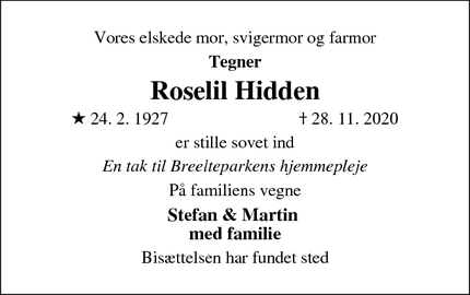 Dødsannoncen for Roselil Hidden - Hørsholm 2970