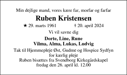 Dødsannoncen for Ruben Kristensen - Lundeborg