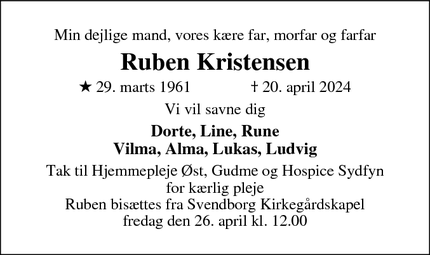 Dødsannoncen for Ruben Kristensen - Lundeborg