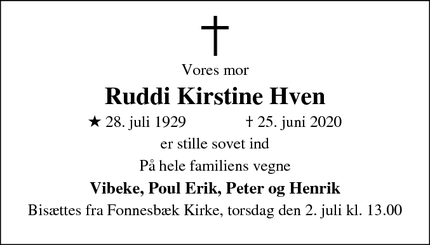 Dødsannoncen for Ruddi Kirstine Hven - Silkeborg