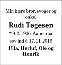 Dødsannoncen for Rudi Tøgesen - Aabenraa
