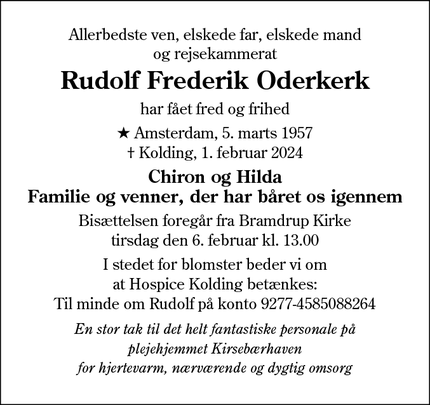 Dødsannoncen for Rudolf Frederik Oderkerk - Kolding