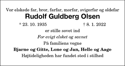 Dødsannoncen for Rudolf Guldberg Olsen - Birkerød