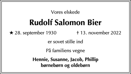 Dødsannoncen for Rudolf Salomon Bier - Skodsborg