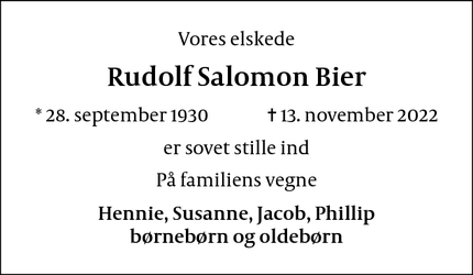 Dødsannoncen for Rudolf Salomon Bier - Skodsborg