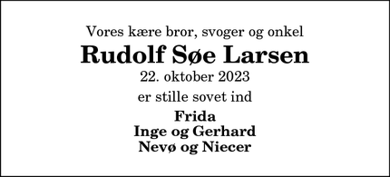 Dødsannoncen for Rudolf Søe Larsen - Nørhalne