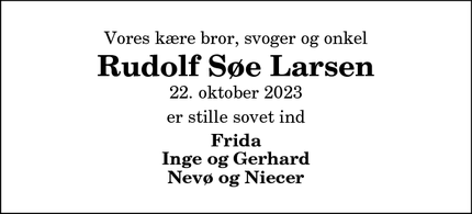 Dødsannoncen for Rudolf Søe Larsen - Nørhalne