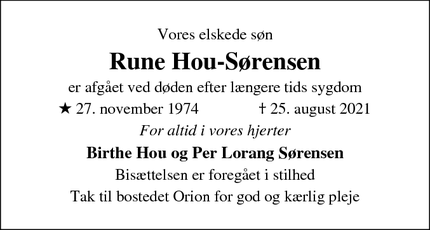 Dødsannoncen for Rune Hou-Sørensen  - Hillerød
