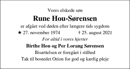 Dødsannoncen for Rune Hou-Sørensen - Hillerød