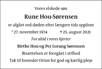 Dødsannoncen for Rune Hou-Sørensen  - Hillerød