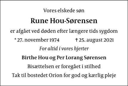 Dødsannoncen for Rune Hou-Sørensen - Hillerød