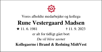 Dødsannoncen for Rune Vestergaard Madsen - Ringkøbing