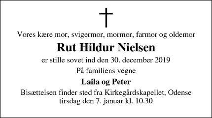 Dødsannoncen for Rut Hildur Nielsen - Odense 