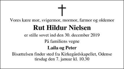 Dødsannoncen for Rut Hildur Nielsen - Odense 