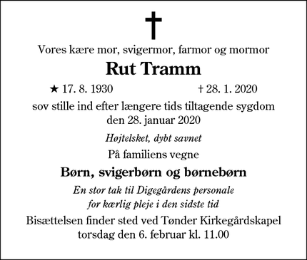 Dødsannoncen for Rut Tramm - Tønder