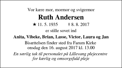 Dødsannoncen for Ruth Andersen - Farum
