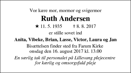 Dødsannoncen for Ruth Andersen - Farum