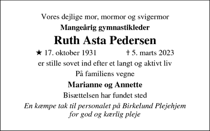 Dødsannoncen for Ruth Asta Pedersen - Langeskov