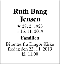 Dødsannoncen for Ruth Bang
Jensen - København S