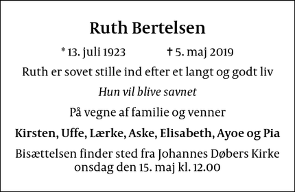 Dødsannoncen for Ruth Bertelsen - København