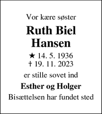 Dødsannoncen for Ruth Biel Hansen - Roskilde