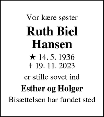 Dødsannoncen for Ruth Biel Hansen - Roskilde
