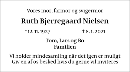 Dødsannoncen for Ruth Bjerregaard Nielsen - Roskilde