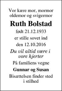 Dødsannoncen for Ruth Bolstad - Gilleleje