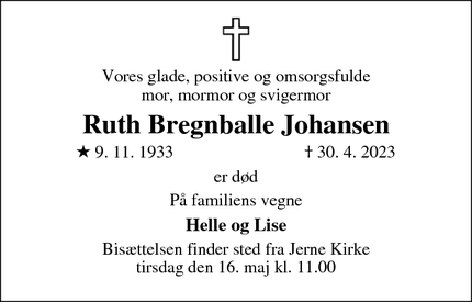Dødsannoncen for Ruth Bregnballe Johansen - Esbjerg