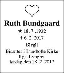 Dødsannoncen for Ruth Bundgaard - Virum