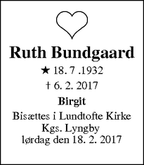 Dødsannoncen for Ruth Bundgaard - Virum