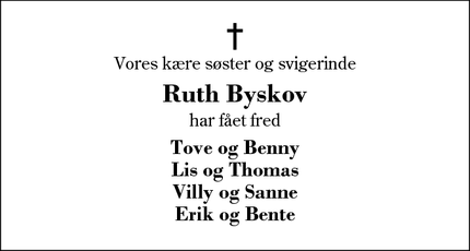 Dødsannoncen for Ruth Byskov - Kibæk