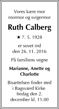 Dødsannoncen for Ruth Calberg - Bagsværd