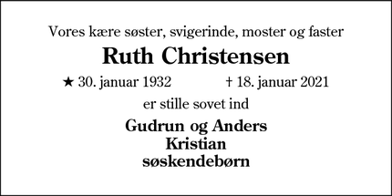 Dødsannoncen for Ruth Christensen - Sunds