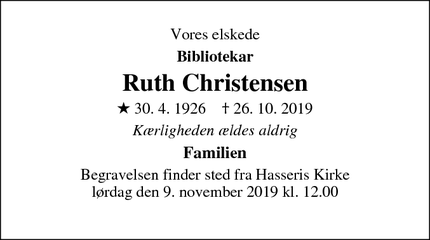 Dødsannoncen for Ruth Christensen - Aalborg