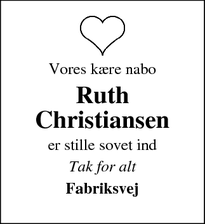 Dødsannoncen for Ruth Christiansen - 6980 Tim