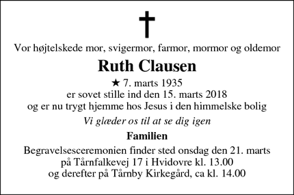 Dødsannoncen for Ruth Clausen - Kastrup