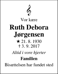 Dødsannoncen for Ruth Debora Jørgensen - Farum