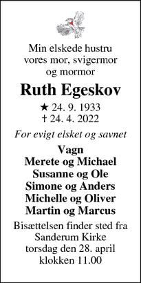 Dødsannoncen for Ruth Egeskov - Glamsbjerg 