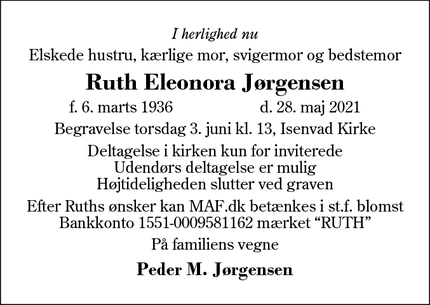 Dødsannoncen for Ruth Eleonora Jørgensen - Isenvad, IKAST