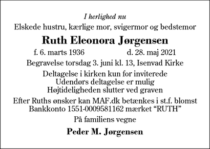 Dødsannoncen for Ruth Eleonora Jørgensen - Isenvad, IKAST