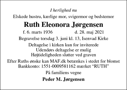 Dødsannoncen for Ruth Eleonora Jørgensen - Isenvad, IKAST