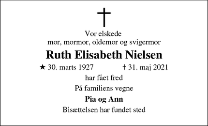 Dødsannoncen for Ruth Elisabeth Nielsen - Odense