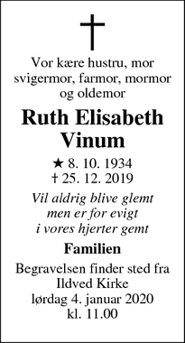 Dødsannoncen for Ruth Elisabeth
Vinum - Sandvad, Jelling