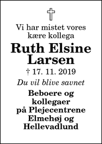 Dødsannoncen for Ruth Elsine
Larsen - Brønderslev