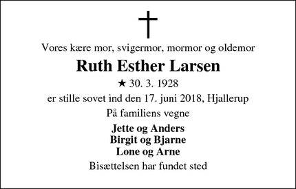 Dødsannoncen for Ruth Esther Larsen - Dronninglund