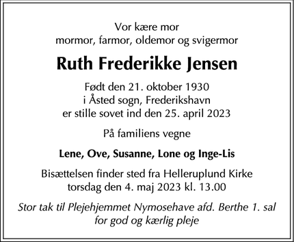Dødsannoncen for Ruth Frederikke Jensen - Gentofte