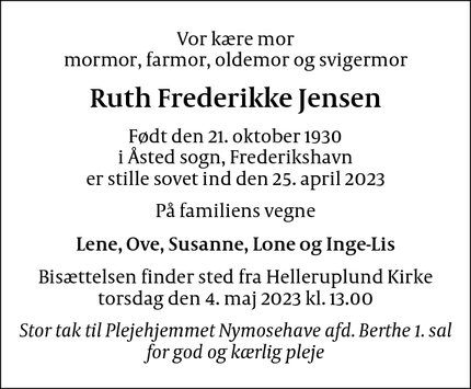 Dødsannoncen for Ruth Frederikke Jensen - Gentofte